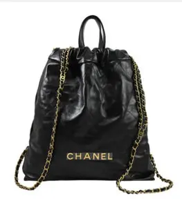 CHANEL 香奈兒金屬大LOGO小牛皮束口金鍊後背包-CHANEL