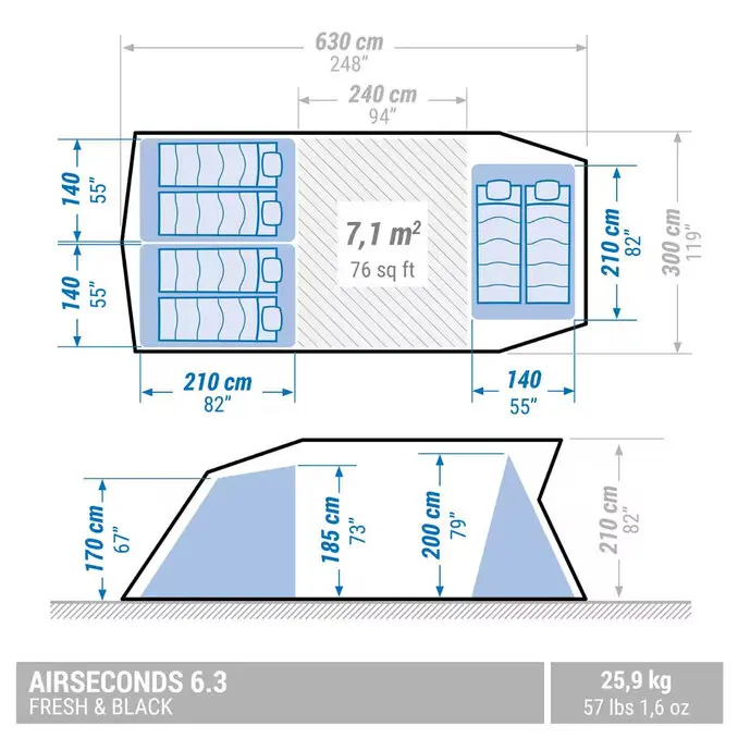 充氣露營帳篷AIR SECONDS 6.3 F&B｜6人用，3間寢室