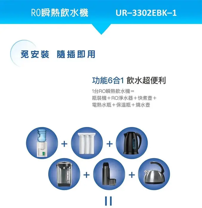 賀眾牌UR-3302EBK-1瞬熱飲水機(免安裝/桌上型/瞬熱/RO逆滲透/UV殺菌)