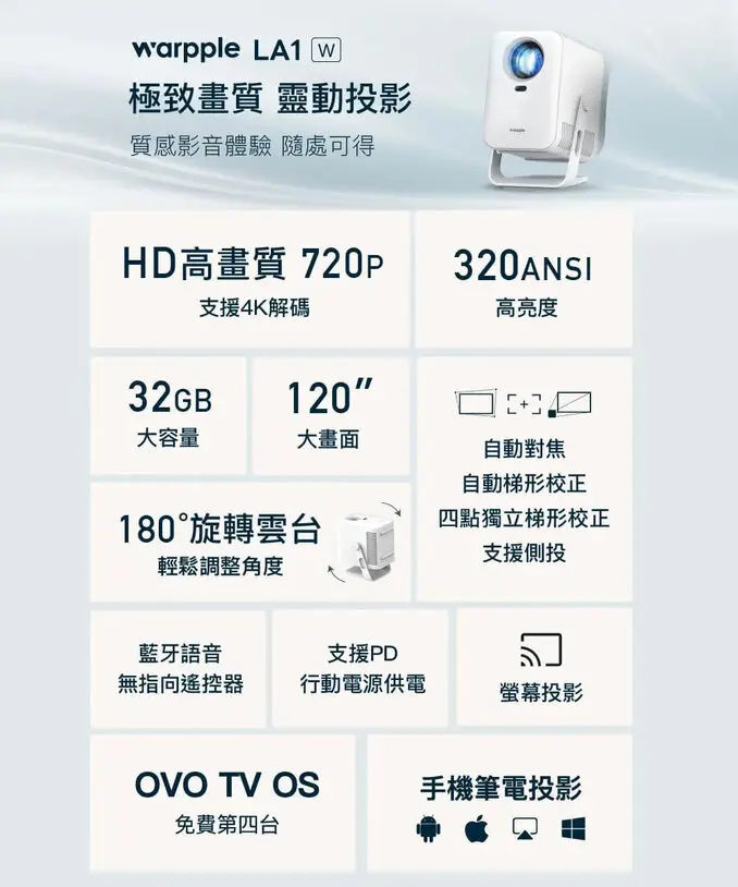 OVOWarpple 百吋便攜智慧投影機 LA1(W)(支援4K解碼/3W立體聲/靈動雲台/娛樂/露營/戶外/商用/會議)