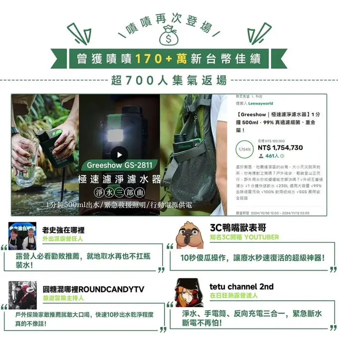 Greeshow 攜帶式濾水器 GS-2811 戶外濾水器 露營凈水器 登山野外飲水濾水器 濾水器 生飲 生命吸管